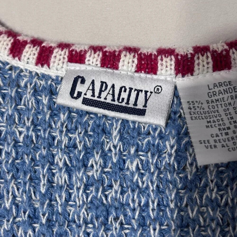 Vintage Capacity Teddy Bear‎ Sweater Vest Large Blue Knit Red Gingham Bow Ramie